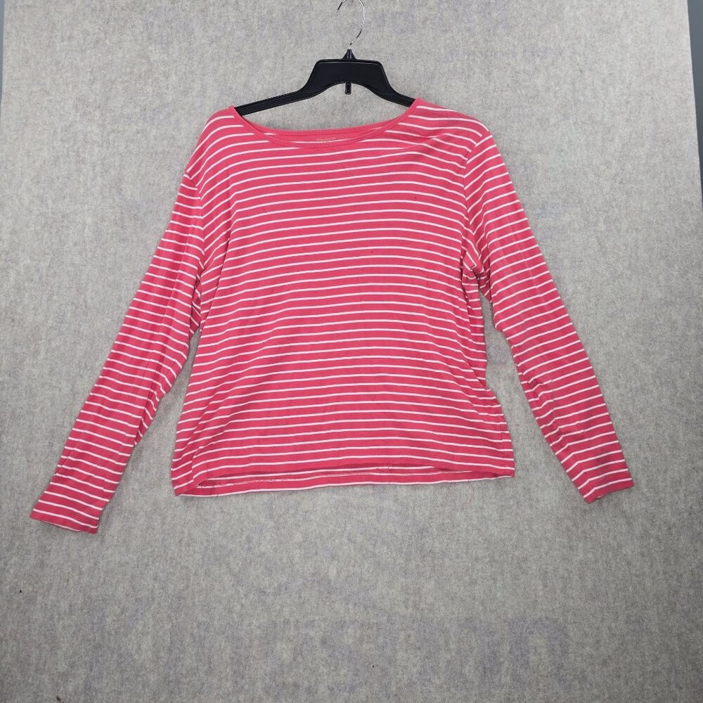 Jones New York Womens Long Sleeve Stripe Shirt Pink & White 2X Cotton Boatneck